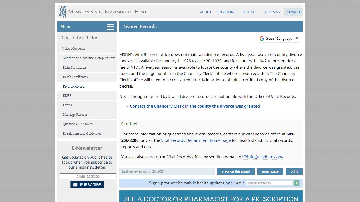 Divorce Records - Mississippi State Department of Health